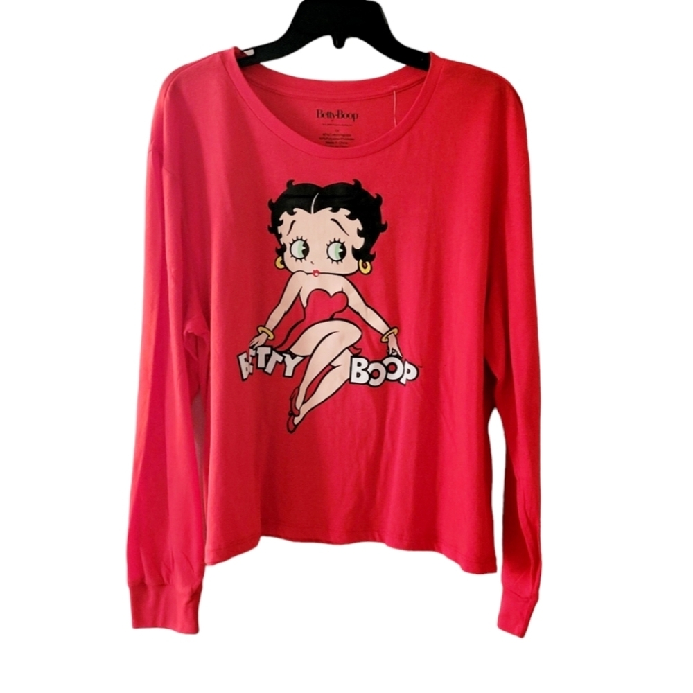 Betty Boop Graphic Long Sleeve Red Tee Shirt Plus Size 1X New without Tags